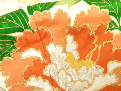 平和屋着物●豪華振袖　駒刺繍　枝花文　金糸　金彩　正絹　逸品　AABH3728cs