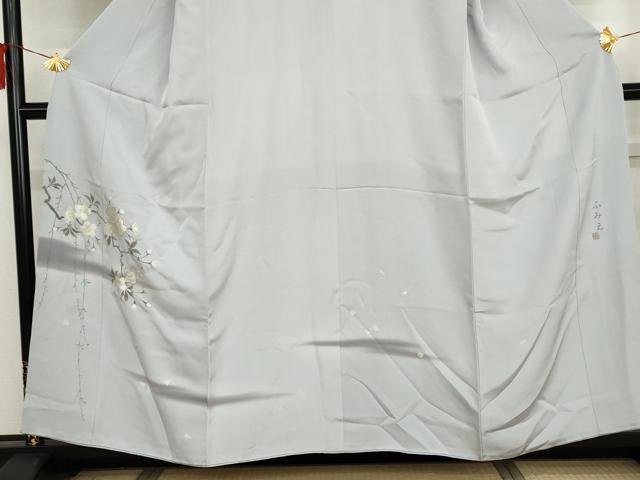 平和屋着物●訪問着　作家物　手描き　駒刺繍　枝花文　暈し染め　銀糸　銀彩　正絹　逸品　AABH3737cs