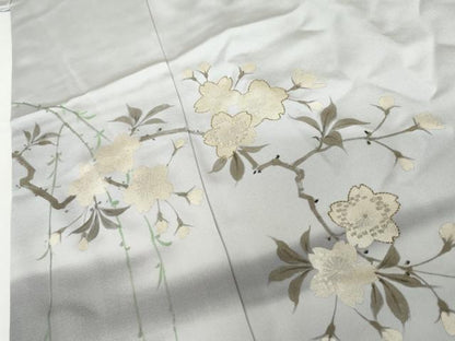 平和屋着物●訪問着　作家物　手描き　駒刺繍　枝花文　暈し染め　銀糸　銀彩　正絹　逸品　AABH3737cs