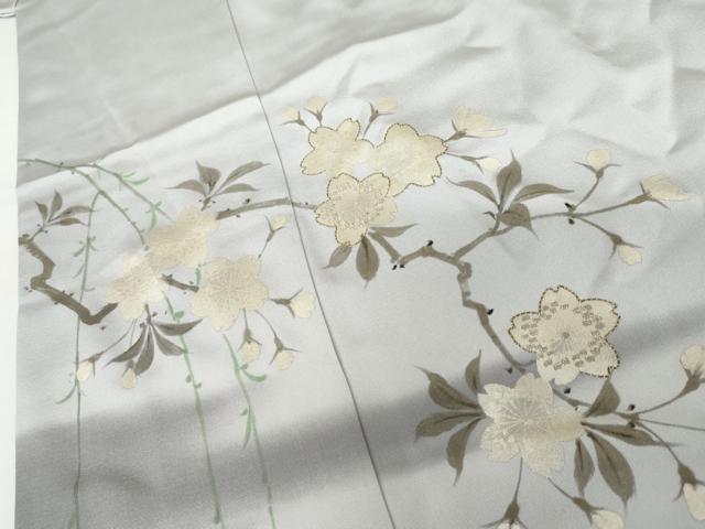 平和屋着物●訪問着　作家物　手描き　駒刺繍　枝花文　暈し染め　銀糸　銀彩　正絹　逸品　AABH3737cs