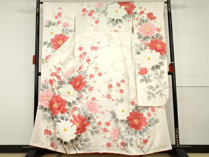平和屋着物●豪華振袖　手描き　草花文　枝梅　正絹　逸品　AABH3746cs