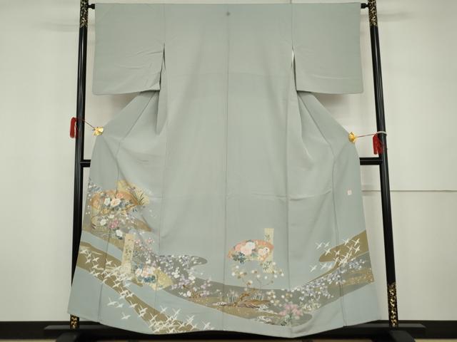 平和屋着物●豪華色留袖　友禅　作家物　駒刺繍　地紙飛鶴花文　鈴乃屋扱い　正絹　逸品　AABH3753cs