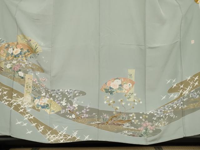 平和屋着物●豪華色留袖　友禅　作家物　駒刺繍　地紙飛鶴花文　鈴乃屋扱い　正絹　逸品　AABH3753cs