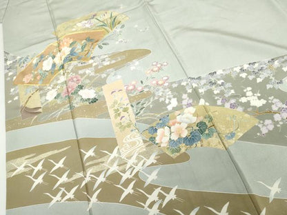 平和屋着物●豪華色留袖　友禅　作家物　駒刺繍　地紙飛鶴花文　鈴乃屋扱い　正絹　逸品　AABH3753cs