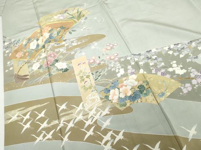 平和屋着物●豪華色留袖　友禅　作家物　駒刺繍　地紙飛鶴花文　鈴乃屋扱い　正絹　逸品　AABH3753cs