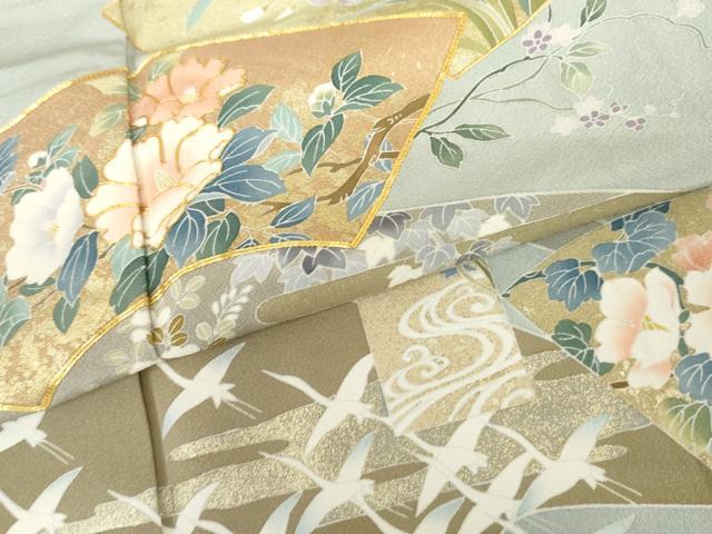平和屋着物●豪華色留袖　友禅　作家物　駒刺繍　地紙飛鶴花文　鈴乃屋扱い　正絹　逸品　AABH3753cs