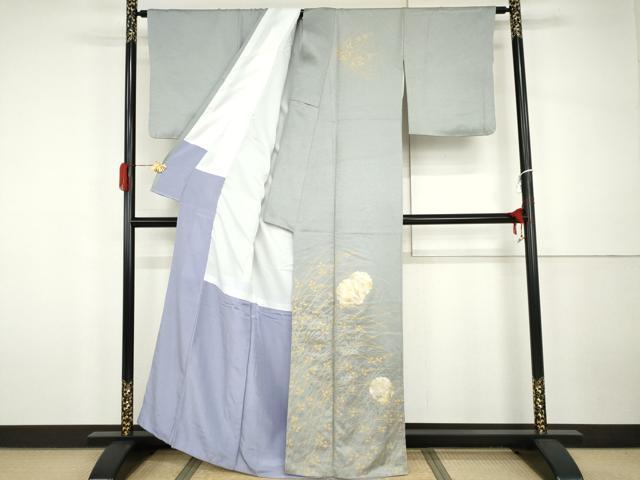平和屋着物●訪問着　雪輪萩文　枝葉シルエット　金彩　正絹　逸品　AABH3763cs