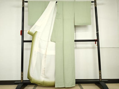 平和屋着物●上質な色無地　よろけ縞地紋　夏虫色　正絹　逸品　AABH3769cs