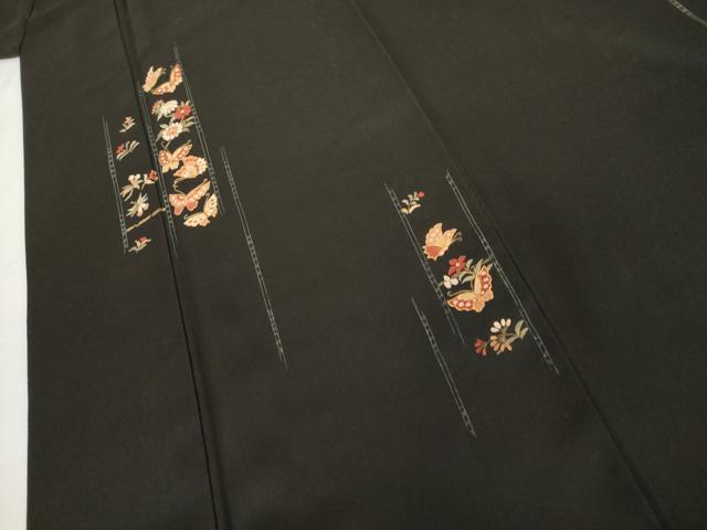 平和屋着物●訪問着　駒刺繍　花蝶文　黒地　金糸　正絹　逸品　AABH3770cs