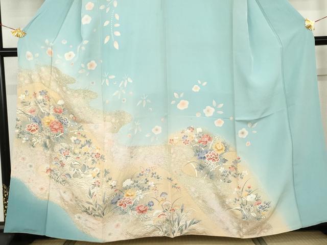 平和屋着物●訪問着　絞り　鴛鴦草花文　暈し染め　金彩　正絹　逸品　AABH3800cs