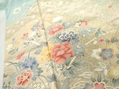平和屋着物●訪問着　絞り　鴛鴦草花文　暈し染め　金彩　正絹　逸品　AABH3800cs