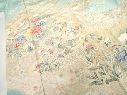 平和屋着物●訪問着　絞り　鴛鴦草花文　暈し染め　金彩　正絹　逸品　AABH3800cs