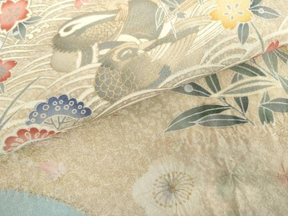 平和屋着物●訪問着　絞り　鴛鴦草花文　暈し染め　金彩　正絹　逸品　AABH3800cs