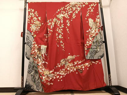 平和屋着物●豪華振袖　駒刺繍　御所車群れ鶴扇面花文　金彩　正絹　逸品　AABH3802ph