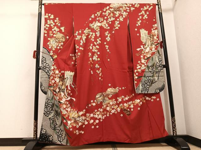 平和屋着物●豪華振袖　駒刺繍　御所車群れ鶴扇面花文　金彩　正絹　逸品　AABH3802ph