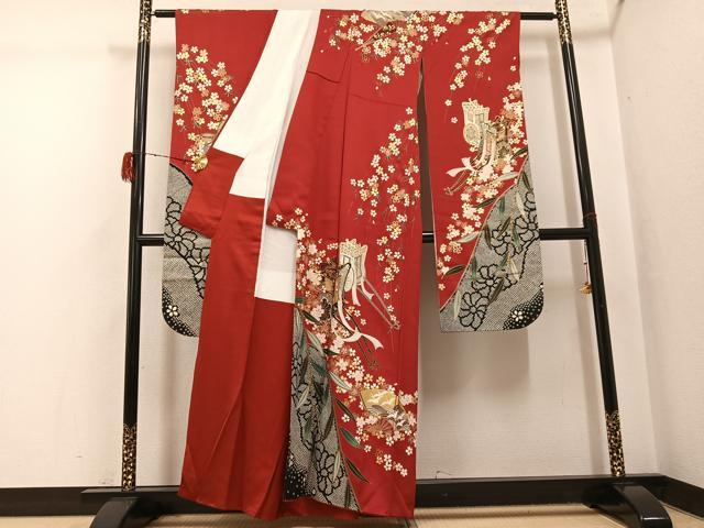 平和屋着物●豪華振袖　駒刺繍　御所車群れ鶴扇面花文　金彩　正絹　逸品　AABH3802ph