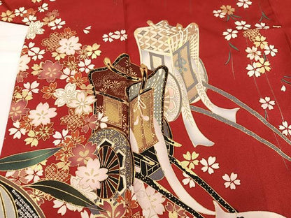 平和屋着物●豪華振袖　駒刺繍　御所車群れ鶴扇面花文　金彩　正絹　逸品　AABH3802ph