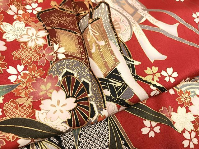 平和屋着物●豪華振袖　駒刺繍　御所車群れ鶴扇面花文　金彩　正絹　逸品　AABH3802ph