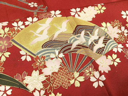 平和屋着物●豪華振袖　駒刺繍　御所車群れ鶴扇面花文　金彩　正絹　逸品　AABH3802ph