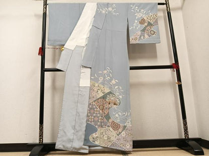 平和屋着物●訪問着　友禅　作家物　駒刺繍　更紗鴛鴦花文　金彩　浜ちりめん　反端付き　正絹　逸品　AABH3804ph