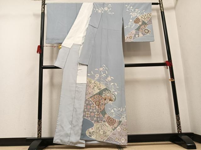 平和屋着物●訪問着　友禅　作家物　駒刺繍　更紗鴛鴦花文　金彩　浜ちりめん　反端付き　正絹　逸品　AABH3804ph
