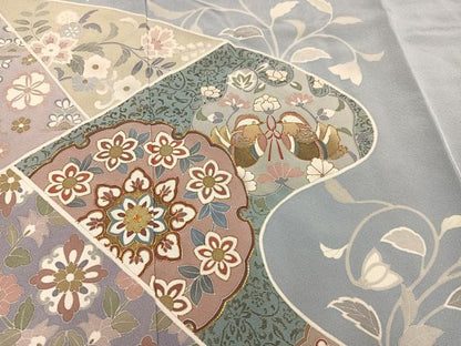 平和屋着物●訪問着　友禅　作家物　駒刺繍　更紗鴛鴦花文　金彩　浜ちりめん　反端付き　正絹　逸品　AABH3804ph