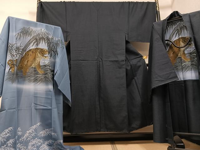 平和屋着物●男性　お召　アンサンブル　長襦袢(無双仕立て)セット　正絹　逸品　未使用　AABH3815ph