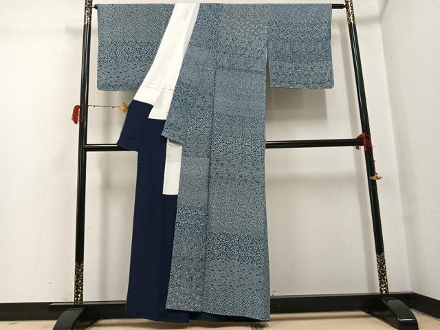 平和屋着物●本藍　小紋　草花文　正絹　逸品　AABH3828ph