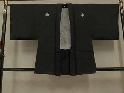 平和屋着物●男性　黒紋付・羽織セット　正絹　逸品　AABH3829ph