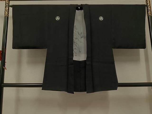 平和屋着物●男性　黒紋付・羽織セット　正絹　逸品　AABH3829ph