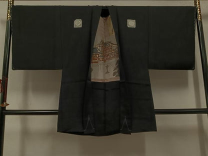 平和屋着物●男性　黒紋付・羽織セット　正絹　逸品　AABH3830ph