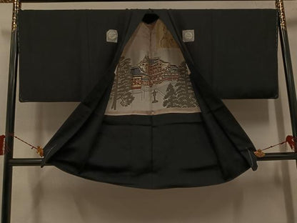平和屋着物●男性　黒紋付・羽織セット　正絹　逸品　AABH3830ph