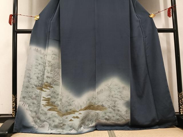 平和屋着物●訪問着　手描き　樹林文　暈し染め　鬼しぼ縮緬　正絹　逸品　未使用　AABH3835ph