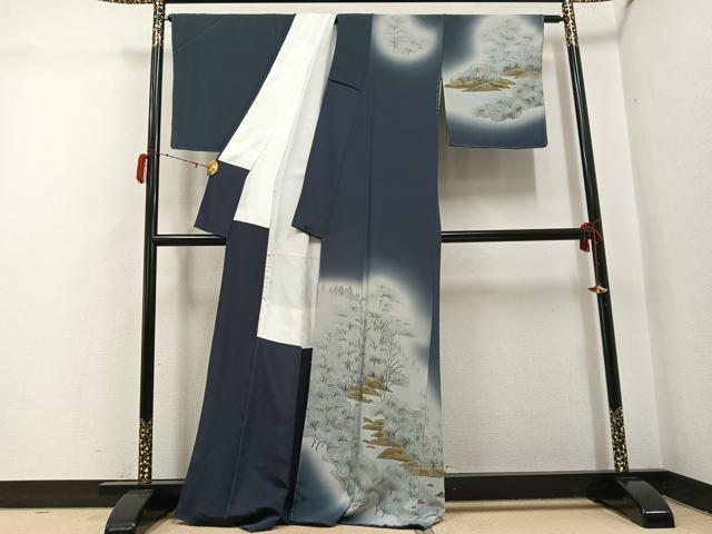 平和屋着物●訪問着　手描き　樹林文　暈し染め　鬼しぼ縮緬　正絹　逸品　未使用　AABH3835ph