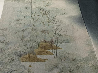 平和屋着物●訪問着　手描き　樹林文　暈し染め　鬼しぼ縮緬　正絹　逸品　未使用　AABH3835ph