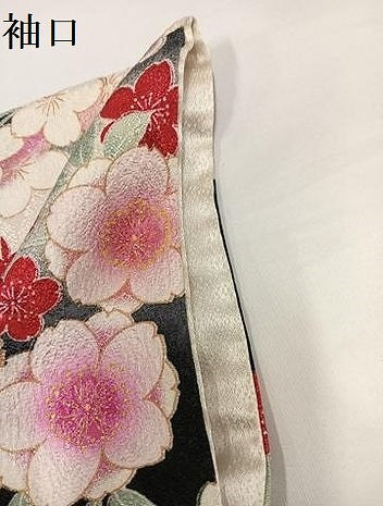平和屋着物●豪華振袖　駒刺繍　夜桜文　暈し染め　黒地　金彩　正絹　逸品　AABH3859ph
