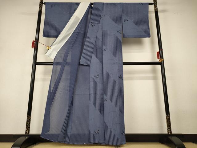 平和屋着物＊夏物 小紋 紗 舞蝶文 洗える着物 AABH3884jd
