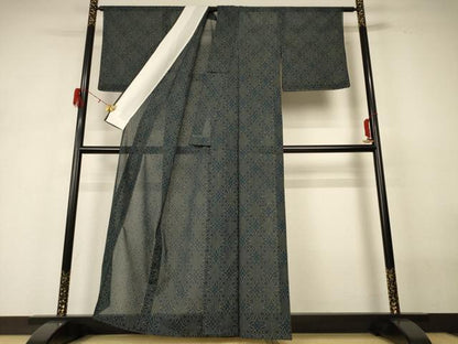 平和屋着物＊夏物 小紋 紗 幾何学文様 洗える着物 未使用 AABH3895jd