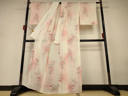 平和屋着物＊夏物 小紋 絽 草花文 暈し染め 正絹 逸品 AABH3933jd