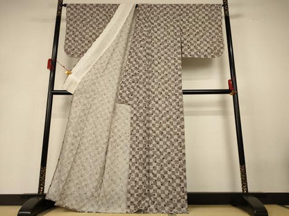 平和屋着物＊夏物 小紋 絽 市松舞花文 正絹 逸品 AABH3951jd
