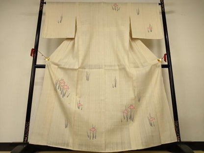 平和屋着物＊夏物 訪問着 生紬 手描き 草花文 正絹 逸品 AABH3952jd