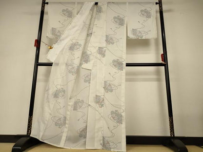 平和屋着物＊夏物　小紋　紗　扇面花文　洗える着物　AABH3960jd