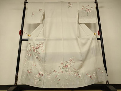 平和屋着物＊夏物 訪問着 絽 友禅 花蝶文 銀彩 正絹 逸品 AABH3997jd