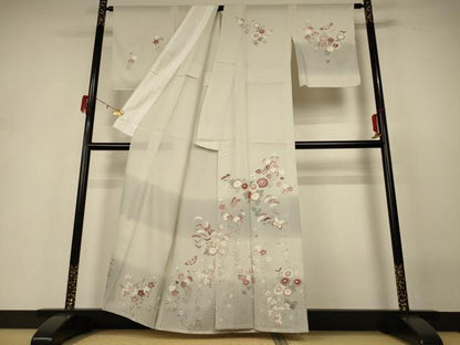 平和屋着物＊夏物 訪問着 絽 友禅 花蝶文 銀彩 正絹 逸品 AABH3997jd