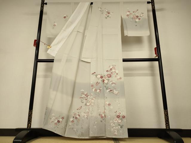 平和屋着物＊夏物 訪問着 絽 友禅 花蝶文 銀彩 正絹 逸品 AABH3997jd