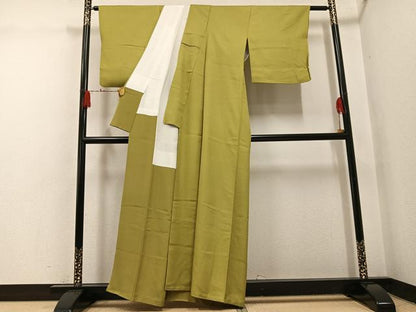 平和屋着物●本加賀友禅作家　藤村加泉監修　色無地　花地紋　青朽葉色　正絹　逸品　AABH4048ph