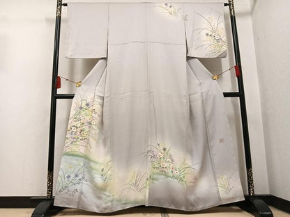 平和屋着物●墨描き友禅　小牧信定　訪問着　草花文　暈し染め　正絹　逸品　未使用　AABH4069ph