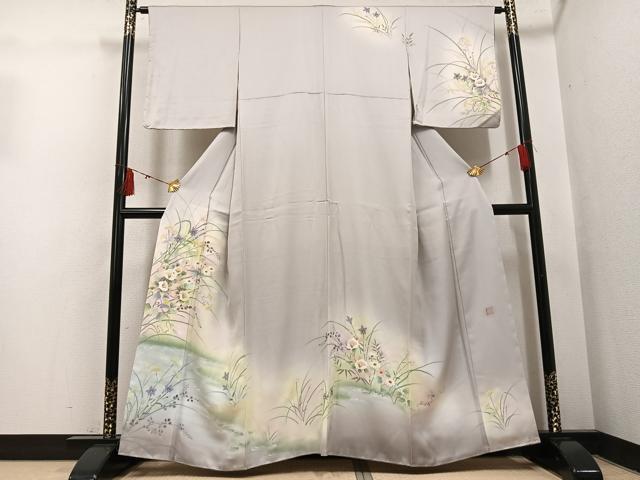 平和屋着物●墨描き友禅　小牧信定　訪問着　草花文　暈し染め　正絹　逸品　未使用　AABH4069ph