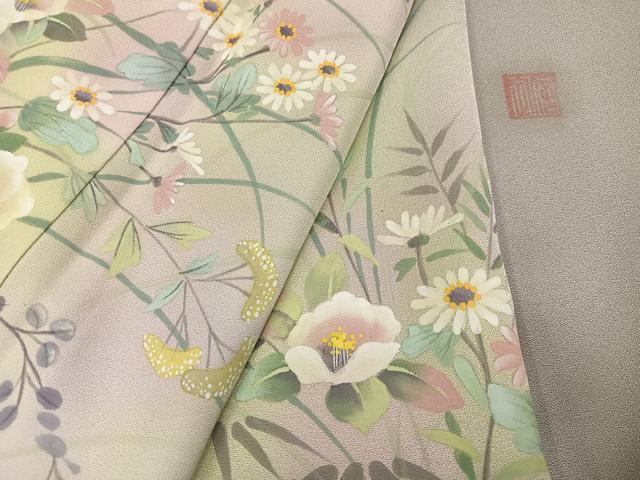 平和屋着物●墨描き友禅　小牧信定　訪問着　草花文　暈し染め　正絹　逸品　未使用　AABH4069ph