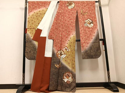 平和屋着物●豪華振袖　駒刺繍　ふくれ織　花蝶文　暈し染め　金銀彩　正絹　逸品　AABH4072ph